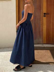 Livesso Women's Vacation Pleated Strapless Casual Denim Dress