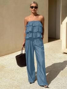 DAZY Women's Summer Solid Color Ruffle Hem Tube Top & Shorts Set,Women Two Pieces Sets