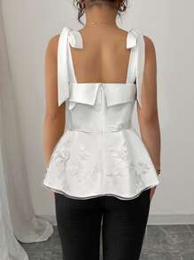 Elenzga Top corto de mujer de unicolor con lazo de moño, escote cuadrado, bordado de mariposa, malla en la cintura y volante, apropiado para citas y fiestas