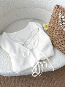 SHEIN LUNE 女士休闲纯色前系结短袖衬衫，夏季休闲款 - 白色 - 查看 5