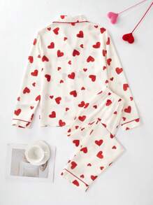 2 pezzi Set di pigiama da donna e ragazza adolescente con stampa a cuore, top a maniche lunghe e pantaloni lunghi