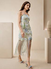 Anewsta Robe moulante à bretelles style bustier avec imprimé floral et franges, élégante pour l'été - Bleu et Blanc - Voir 3