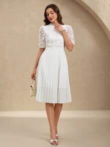 EMERY ROSE 对比蕾丝优雅褶皱泡泡袖贴身腰部白色迷你连衣裙 - 白色 - 查看 4