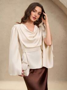 EMERY ROSE Women's Solid Color Lapel Split Long Sleeve Elegant Blouse, Autumn Peplum Top - Apricot - View 1