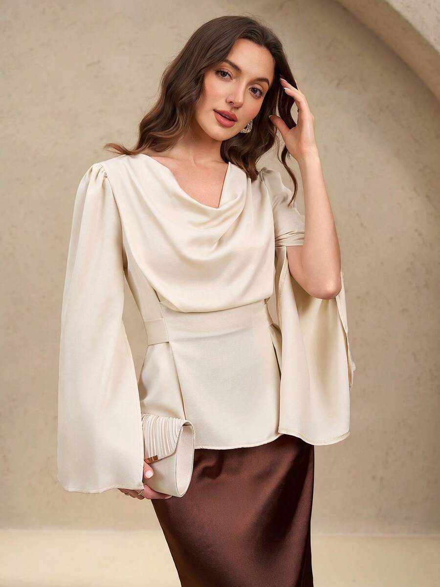 EMERY ROSE Women's Solid Color Lapel Split Long Sleeve Elegant Blouse, Autumn Peplum Top - Apricot - View 1