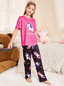 FamilyFrolics Conjunto de pijama con Top de manga corta con cuello redondo y pantalón largo con estampado de dibujos animados para niñas mayores