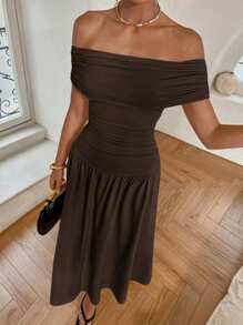 Siren Gaze 女士纯色褶裥露肩短袖长裙