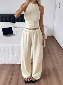 SHEIN EZwear Women's Summer Halter Neck Sleeveless Top And Trousers Set, Knitted Texture, Suitable For Daily Wear - Apricot - View 4