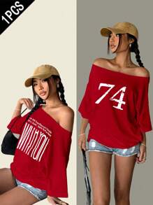 Women's Casual Off-Shoulder T-Shirt With Letter & Number Print - Multicolor - View 1
