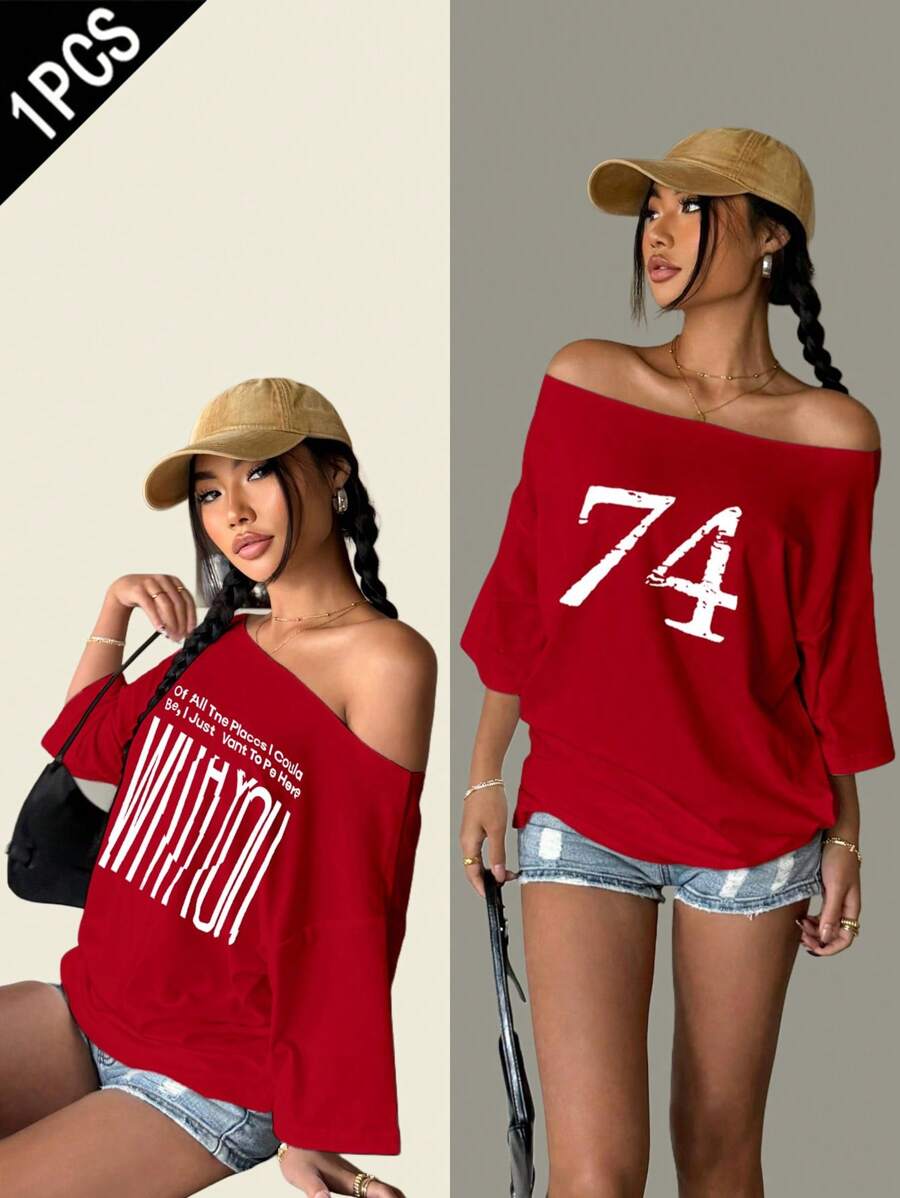 Women's Casual Off-Shoulder T-Shirt With Letter & Number Print - Multicolor - View 1