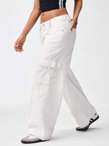 SHEIN EZwear Women's Low Waist Solid Color Pocket Button White Flare Leg Jeans Denim Pants - Apricot - View 6