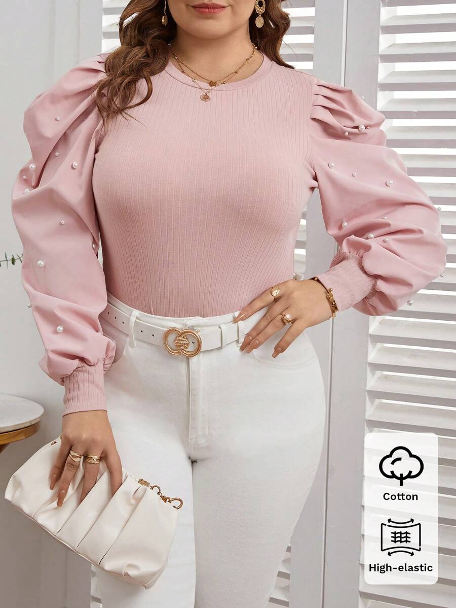 SHEIN Privé Kích thước lớn Của phụ nữ Trân châu Dát Đầy Chân Của Tay áo Áo - Hồng - Xem 1