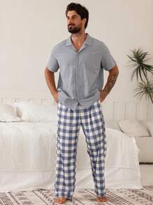 DAZY Spring Solid Color Shirt Matched With Textured Plaid Pants Men's Loungewear Set Pajama - Multicolor - View 5