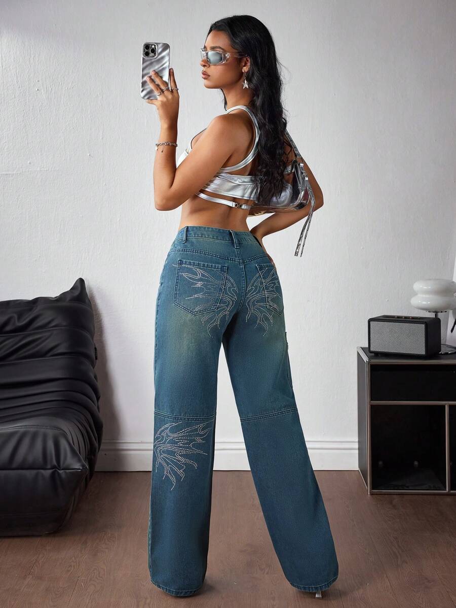 INAWLY INAWLY Women's Diamond-Embellished Fashion Jeans - Multicolor - View 1