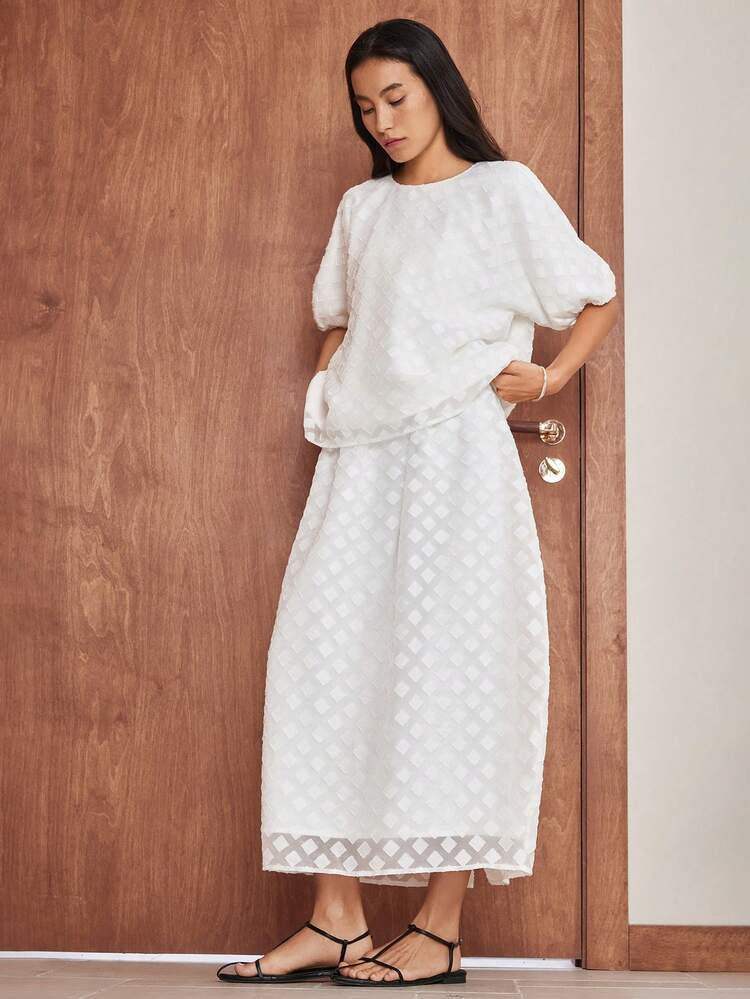 Loose Casual Minimal Office & Commuter Elegant Textured Houndstooth Chiffon Short Sleeve 2pcs Set For Women, Spring & Summer Business Casual Woman