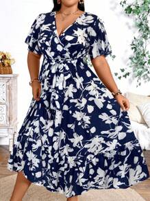 SHEIN Plus Size Holiday Floral Print Dress Maxi Women Outfit - Navy Blue - View 5