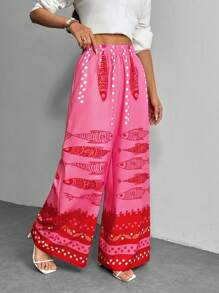 SHEIN PETITE 春夏度假梭织印花高腰宽松阔腿女裤 - 彩色 - 查看 4