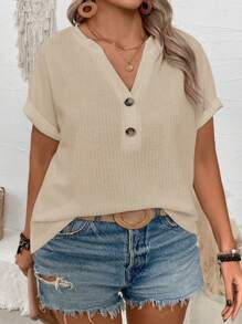 SHEIN Áo thun tay ngắn cổ chữ V cài nút thời trang cỡ lớn cho nữ - Màu be - Xem 4