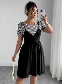 Elenzga Plus Size Loose Fit Short Sleeve 2 In 1 Dress - Black - View 4