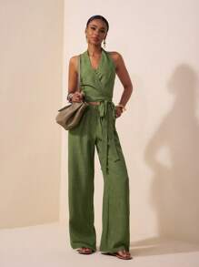 Zivah 2025 Summer New Style Birthday Party Daily Outing Basic And Versatile Leisure Vacation Cruise Travel Beach Seaside Sunbathing Internet Celebrity Hot Style Street Style Elegant Commuter Business Casual Halter Strap Sexy Backless Slim Fit Women's Top And Wide Leg Pants Pockets Top Wrap Military Green Textured Bamboo Fabric Summer Suit Women's Two-Piece Suit - Army Green - View 5