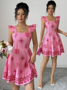 Elenzga 女式印花束腰设计后背系带盖袖休闲度假通勤中长连衣裙