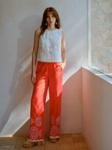 MOTF STUDIO EMBROIDERY DETAIL SLANT POCKET WIDE LEG SUIT PANTS - Orange - View 5