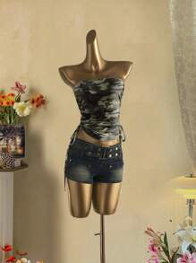 Attitoon Top de estilo casual vintage con estampado de camuflaje verde oliva en todo el diseño, ideal para volver al colegio