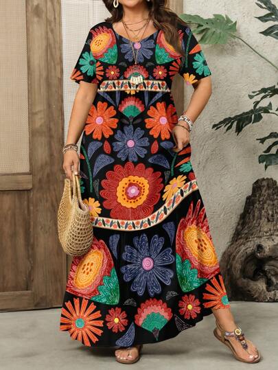 EMERY ROSE 大码女式花卉印花无袖A字连衣裙，休闲夏季风