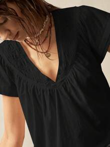 Bohemela 平纹编织V领短袖宽松女式衬衫 - 黑色 - 查看 7