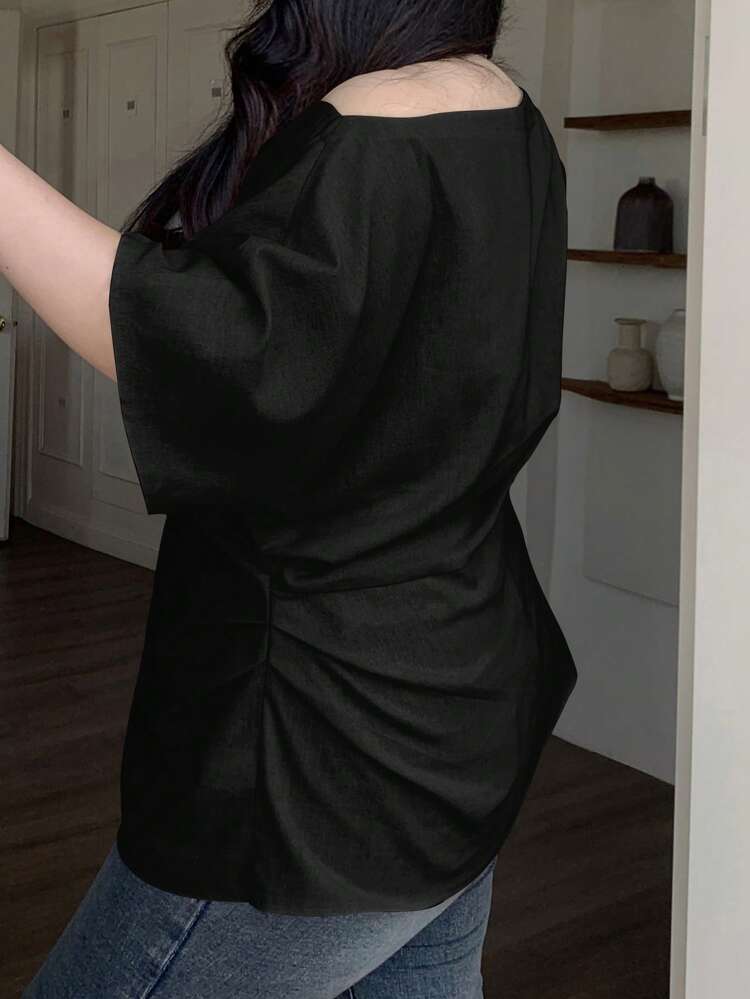 Dazy Plus Plus Size Women Off Shoulder Solid Color Cinched Waist Pullover Shirt