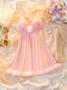 Charming Alluring Pink Fuzzy Hem Women's Sleep Dress, Suitable For Music Festivals And Parties - Pink - View 1