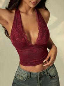 SHEIN PETITE Women Floral Lace V-Neck Cropped Cami, Sexy Fitted