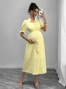 Momance 孕妇纯色短款泡泡袖单排扣休闲衬衫裙 - 黃色 - 查看 4