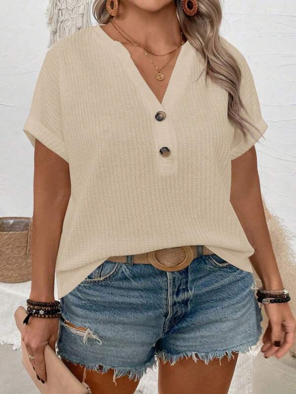SHEIN Plus Size Women Fashionable Casual Button V-Neck Loose Short Sleeve T-Shirt