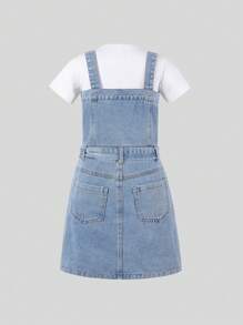Tween 女童休闲简约百搭街头时尚蝴蝶结腰带修身浅蓝色水洗柔软牛仔吊带连体裤连衣裙，2025 春夏新品，适合日常穿着、休闲场合、派对
