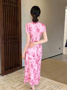 Celisse Vestido Qipao impreso de estilo chino elegante y retro, con cintura ceñida, para uso diario, commuter o vacaciones - Multicolor - Ver 2