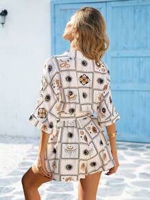 Vivid Eden 女式正面纽扣全印花正面系带休闲连身裤 - 黑與白 - 查看 2