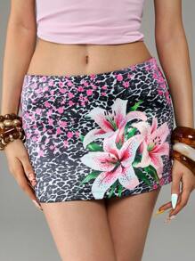 ROMWE Kawaii 复古蕾丝边网眼覆盖豹纹低腰性感百合花图案迷你裙，适合夏季度假 - 粉色 - 查看 4