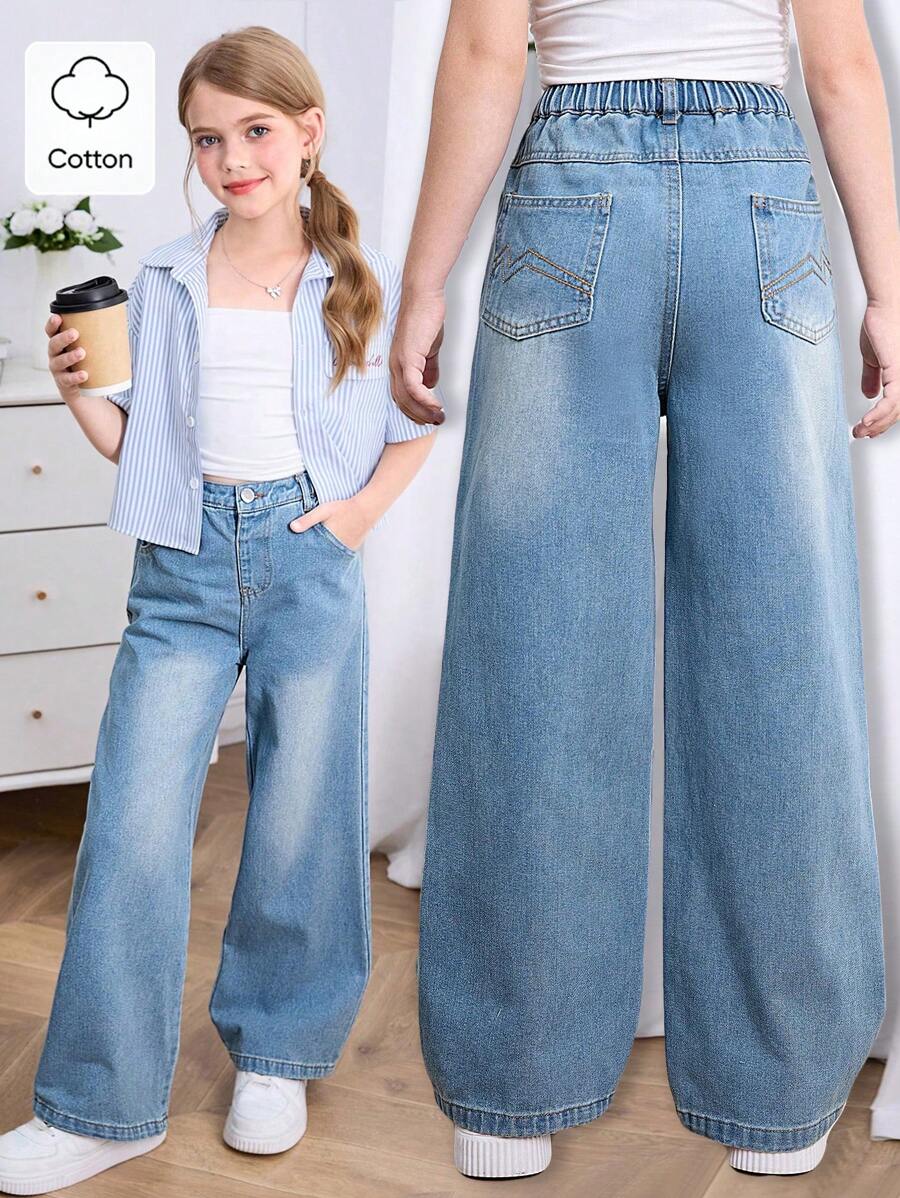 SHEIN Girls' Y2K Washed Relaxed Wide-Leg Jeans With Embroidered Rear Pocket Design, Suitable For Everyday Wear, Simple & Fashionable Summer Holiday - Medium Wash - View 1