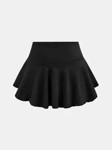 SHEIN Tween Girls' Casual Sport Style Solid Color Mini Skirt - Black - View 6