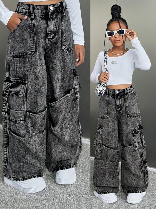 SHEIN Calça jeans larga casual para meninas pré-adolescentes Y2K com bolsos, pregas e design de pernas largas, botão casual para meninas, bolso, zíper, cintura baixa, pernas largas, jeans azul longo e solto para meninas, outono/inverno, uso diário casual