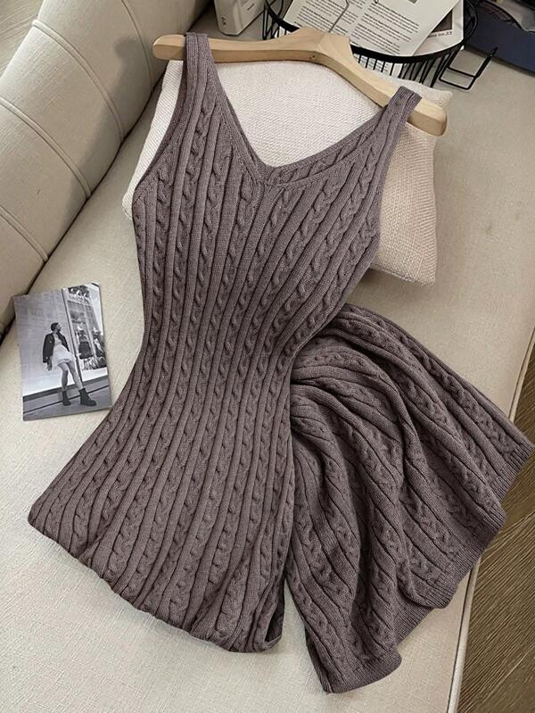 Calvaya Women's Solid Color V-Neck Twist Rope Slim Fit Knitted Maxi Dress