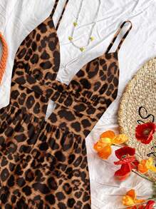 Soleia Vestido corto con escote en V, espalda descubierta y volantes con estampado de leopardo, estilo vacaciones/fiesta, adecuado para el verano