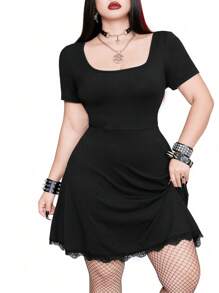Whyspr Casual Punk Large Size Spring And Summer Dark Sexy Slim Fit Casual Versatile Bold Avant-Garde Round Neck Back Leak Back Star Cross Tie High Waist Slimming Lace Patchwork Hem Daily Dress Suitable For Independence Day Holiday Clothing