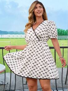 KURAYIA Plus Size Women's V-Neck Puff Sleeve Bowknot Print Dress - Black and White - View 5