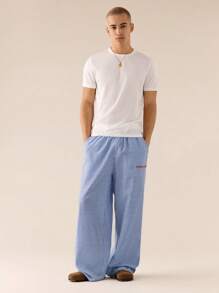 SWAVVY Men Casual Loose Striped Patchwork Waist Straight-Leg Woven Pants, Modern Daily Wear, School, Fall