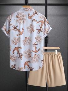 Manfinity RSRT 2 件男士 Anchor & Coral 休闲度假短袖衬衫和短裤套装男士度假服男士度假服 Anchor 衬衫珊瑚衬衫男士夏季服装 - 卡其色 - 查看 2