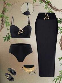 Swim Oasis 2pcs 2025 New Style Women Swimsuit Set, Solid Shoulder Strap Top & High Waist Shorts With Mesh Beach Dress, Summer Casual Swimwear