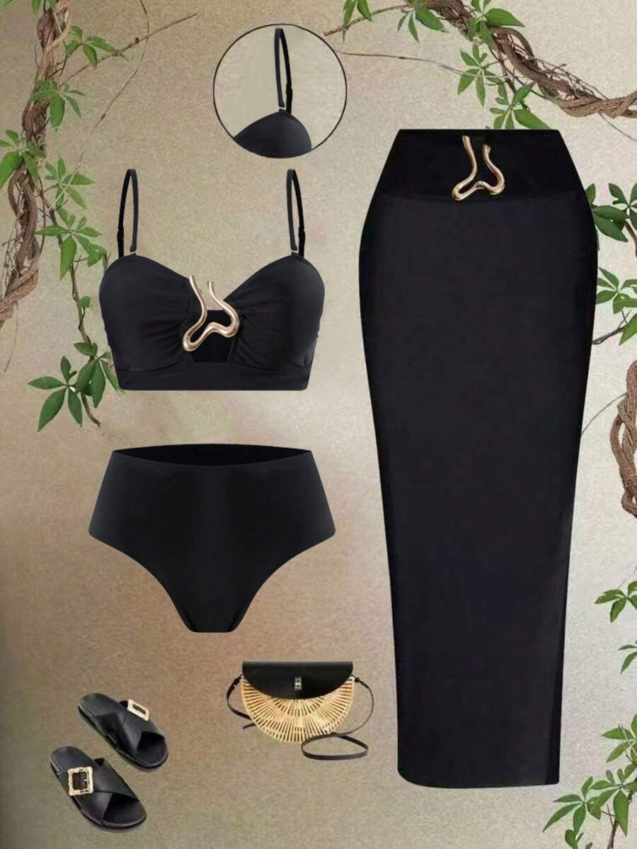 Swim Oasis 2pcs 2025 New Style Women Swimsuit Set, Solid Shoulder Strap Top & High Waist Shorts With Mesh Beach Dress, Summer Casual Swimwear