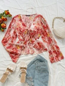 Soleia Women's Rose Print V-Neck Flare Sleeve Ruffle Hem Blouse, Suitable For Vacation, Music Festival, Bohemian, Holiday, Date, Afternoon Tea, Beach - Multicolor - View 3